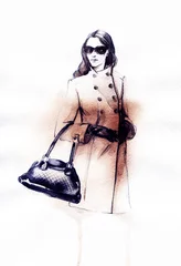 Crédence de cuisine en verre imprimé Visage aquarelle femme en manteau. Illustration de mode peinte à la main