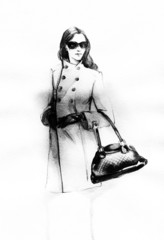 woman in coat.  Hand painted fashion illustration