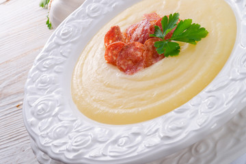 potato cream soup with chorizo and garlic