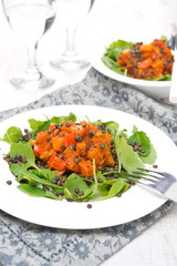 salad with arugula, black lentils and vegetable stew