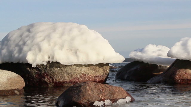 Snow on top of the big rocks