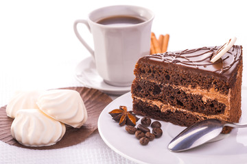 delicious chocolate cake and cup of coffee