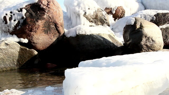 Snow covering the big rocks on the beach