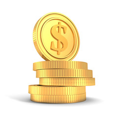pile of golden dollar currency coins on white background