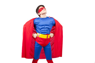 child superman costume isolated on white background - obrazy, fototapety, plakaty