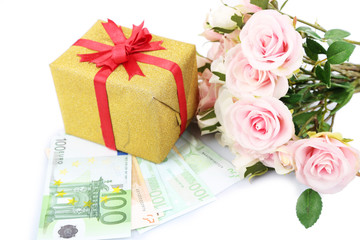 Gift box with money and flowers isolated on white