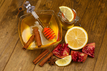 Sweet honey on wooden table