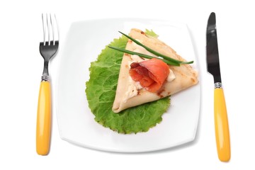 Pancake with salmon, and mayo, green onion,