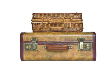 Suitcase and trunk isolated on white background