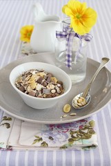 Healthy breakfast with chocolate chips granola and milk