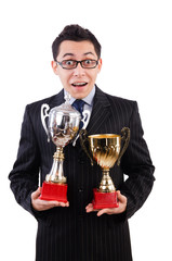 Funny guy receiving award on white