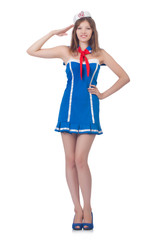 Young airhostess saluting isolated on white