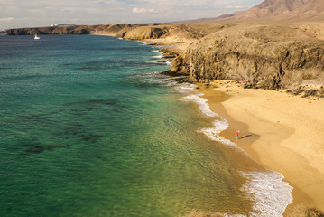 Lanzarote Papagayo turquoise beach and Ajaches in Canary Islands