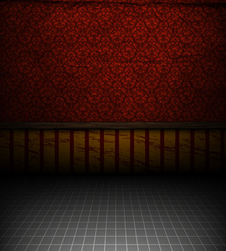 Empty Old Grungy Room With Red Vintage Wallpaper