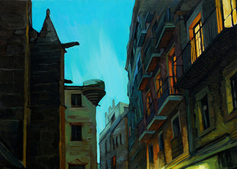 evening in gothic quarter of barcelona, painting,  illustration