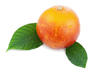 Blood orange with green leaves isolated on white background.