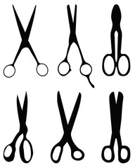 Black silhouettes of different scissors, vector illustration