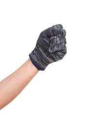 hand in a woollen glove on white background