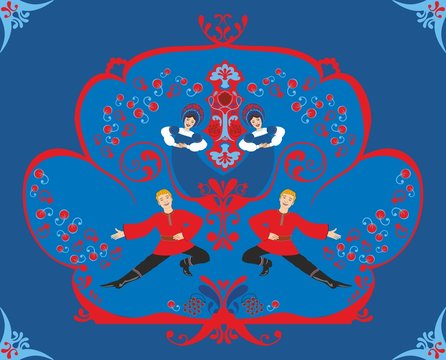 Russian ornament. Dancing people. Girls and gay. Floral pattern