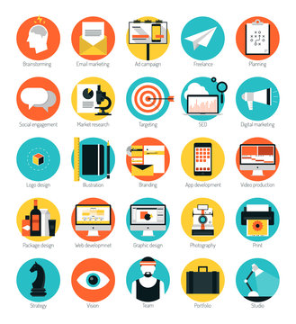Marketing and design services flat icons set