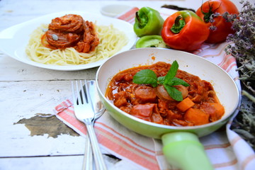 Mediterranean food in saucepan