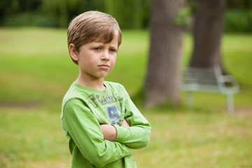 Serious boy standing with arms crossed at park © WavebreakMediaMicro