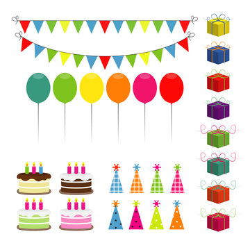 Set of vector birthday party elements.