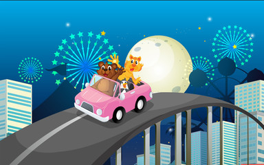 Obraz premium A pink car with a bear, a tiger and a penguin