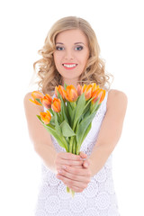happy woman with bunch of tulips