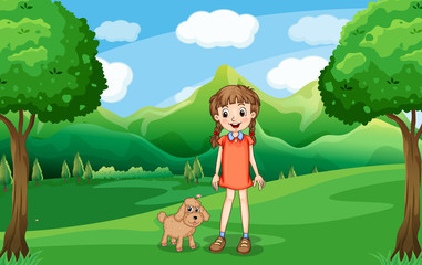 A young girl and her puppy at the hill