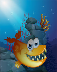 A scary fish under the sea near the rocks