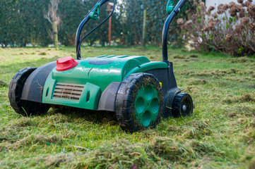 lawn aerator removing moss from garden.
