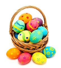 Colorful handmade easter eggs in the basket isolated