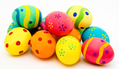 Colorful handmade easter eggs isolated on a white
