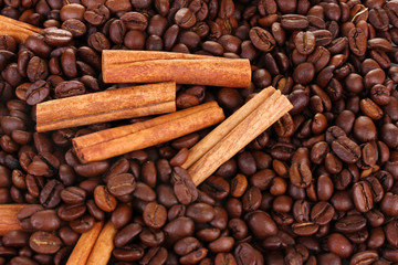 Coffee beans and cinnamon close-up