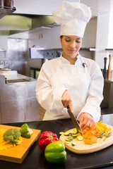 Female chef cutting vegetables in kitchen