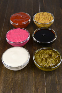 Various sauces on table close-up