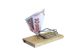 Mousetrap with euro banknote as bait