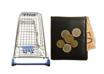 Shopping cart and leather wallet with Euro notes and euro coins