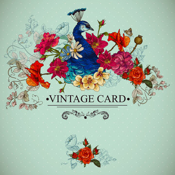 Floral Vintage Card with Peacock