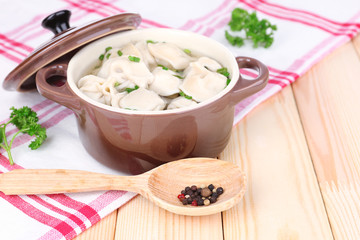Meat dumplings - russian boiled pelmeni close up