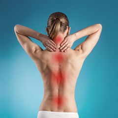 Spine disease. Osteoporosis indicated on woman's back.