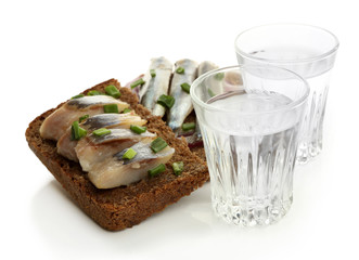 Composition with two glasses  of vodka, and  sandwiches wit