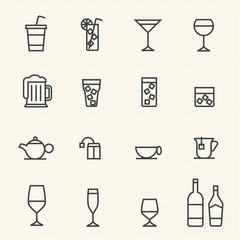 Glass and bottle vector stroked icons.
