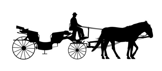 old style carriage with two horses and a coachman silhouette © whiteisthecolor