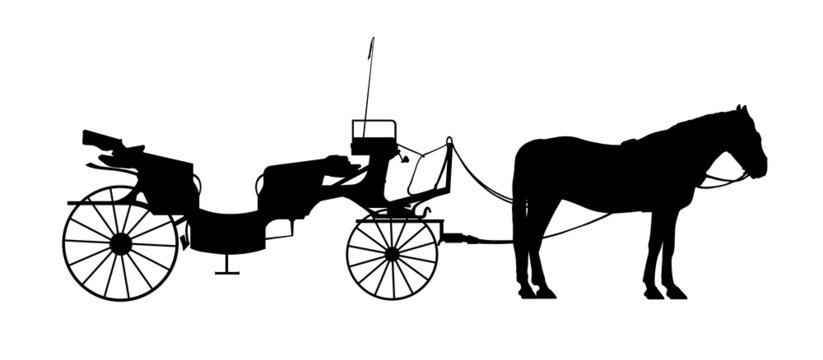 old style carriage with one horse in harness silhouette