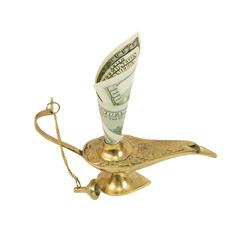 Dollar bill sticking out of magic lamp of Aladdin