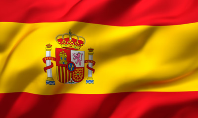 Flag of Spain blowing in the wind. Full page Spanish flying flag. 3D illustration.