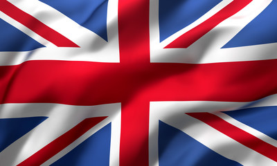 Flag of United Kingdom, Great Britain blowing in the wind. Full page British flying flag. Union Jack flag. 3D illustration. - obrazy, fototapety, plakaty