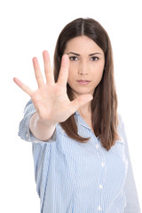Frau wehrt sich und sagt nein - Zeichen mit der Hand